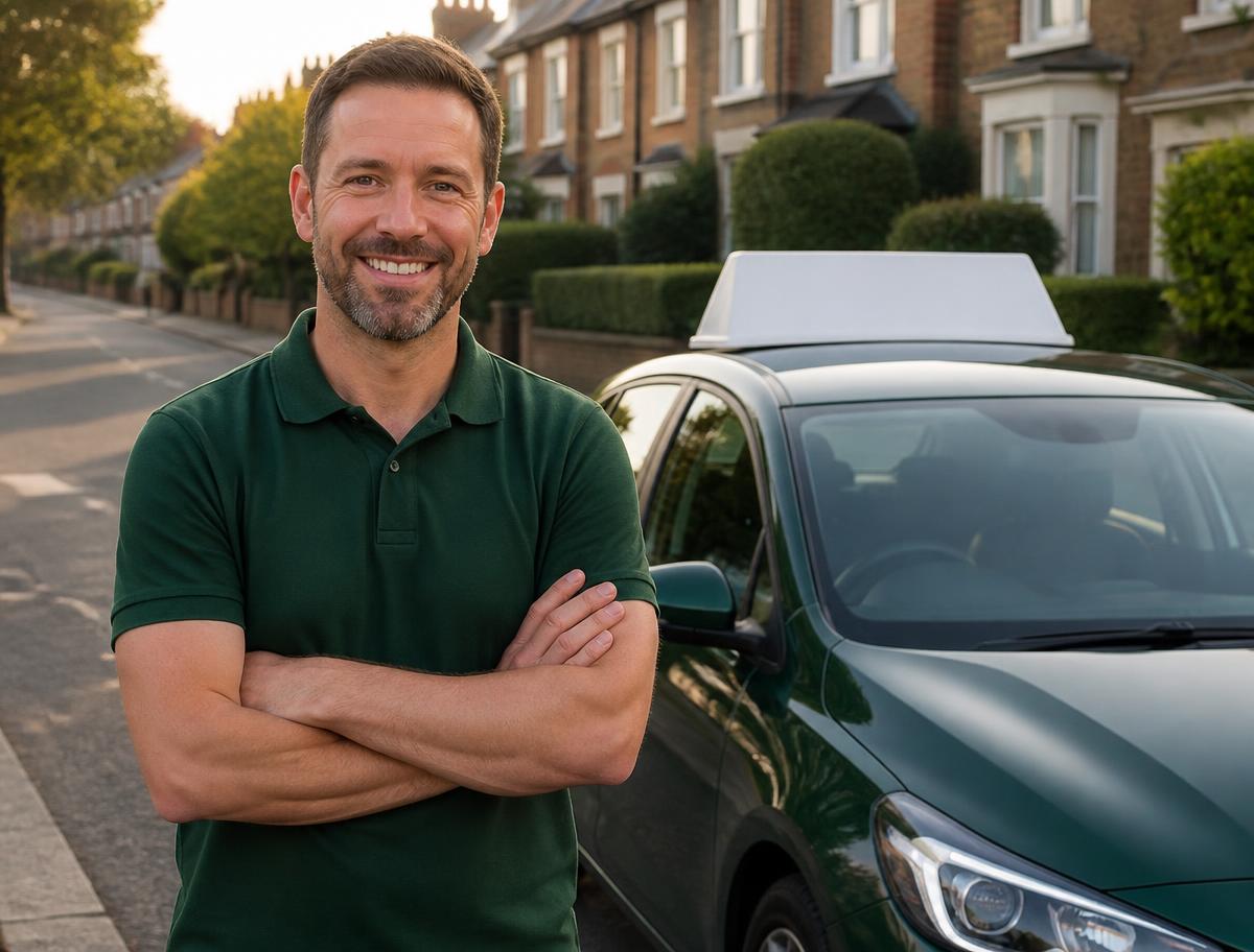 Pass and Drive branded driving instructor beside his tuition car