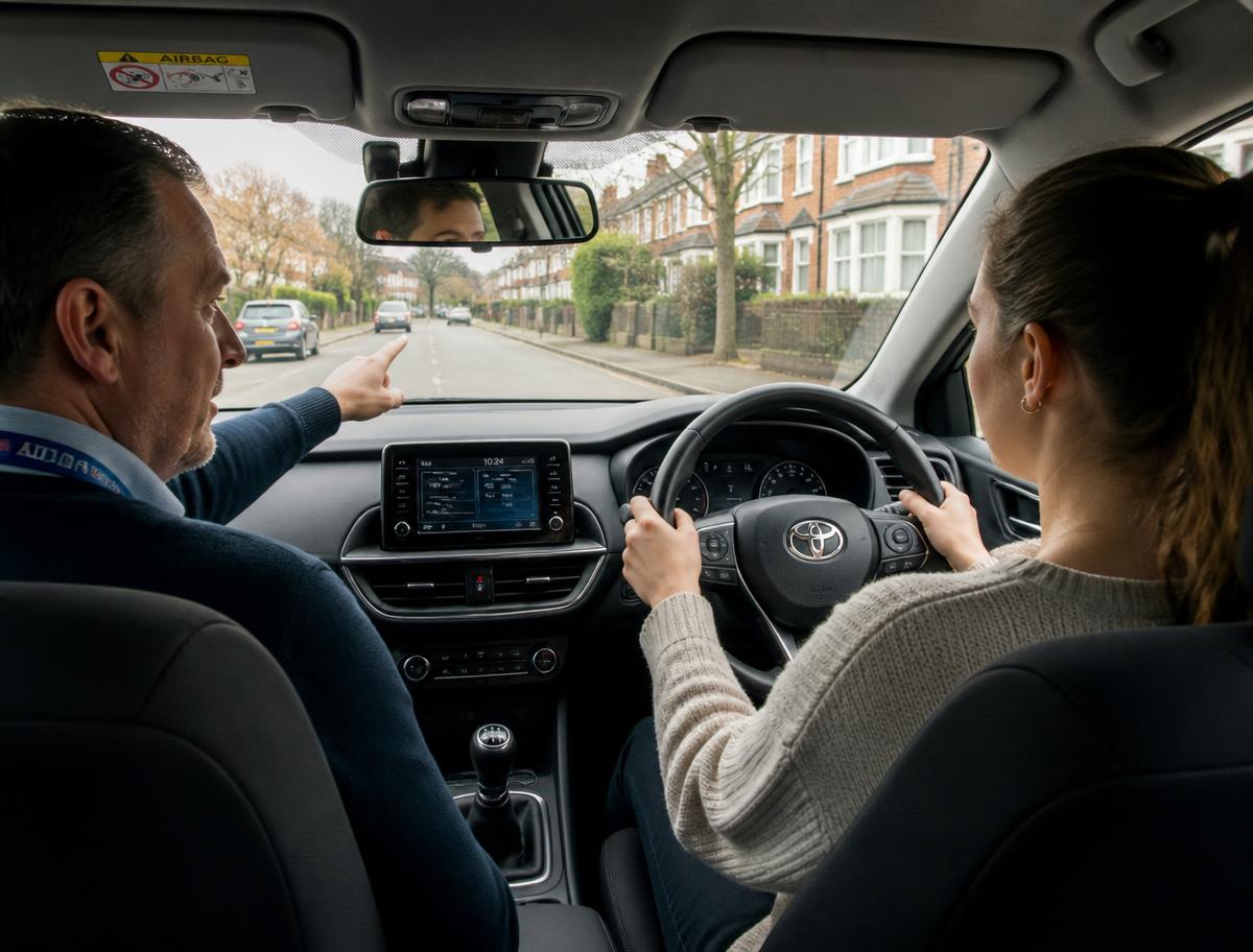 A learner driver at the wheel with a calm, encouraging Pass and Drive instructor beside her